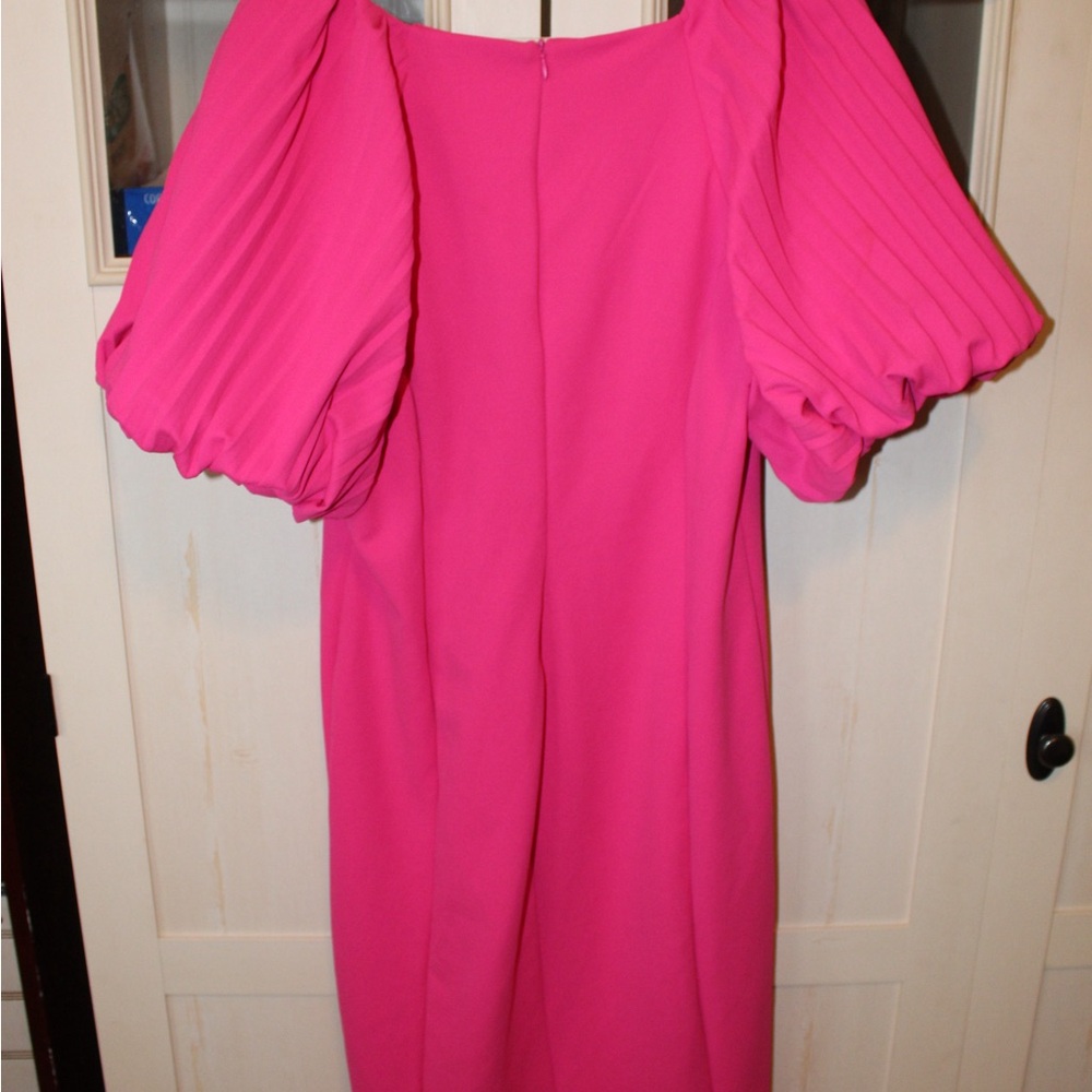 Nina Leonard Hot Pink Midi Dress with Pleated Puff Sleeves - Picture 2 of 2